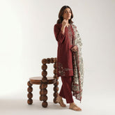 Maroon - Embroidered 3 Piece
